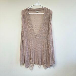 POL V Neck Distressed Sweater Tunic Small Oversized Women